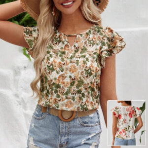 Floral Print Short Sleeve Shirt Summer Fashion Ruffled Tops Women's Clothing